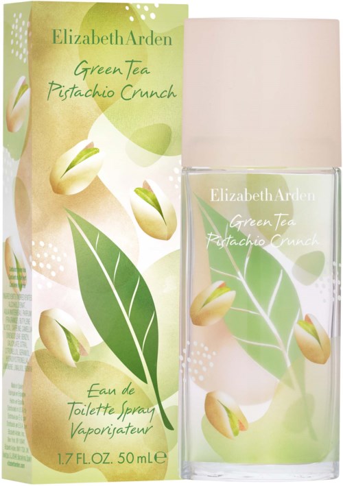 A perfume bottle and box featuring green leaves and pistachios, with text about Elizabeth Arden Green Tea Pistachio Crunch.