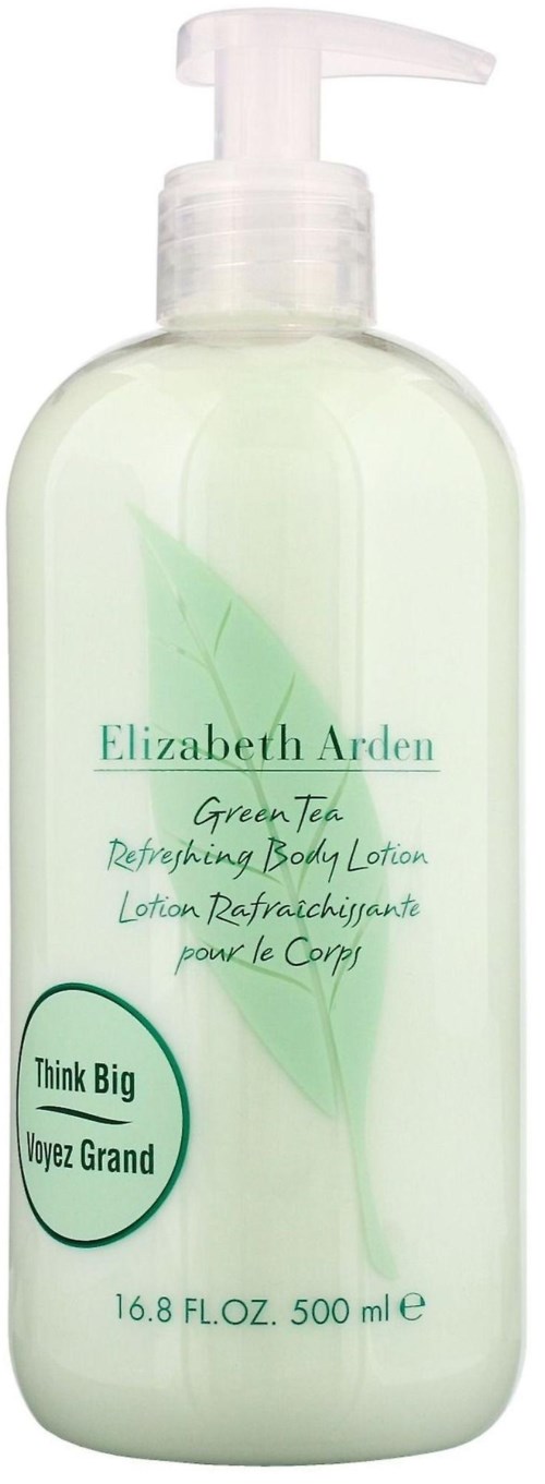 A clear pump bottle with green tea refreshing body lotion written on it, featuring a leaf design. Size is 500 ml.