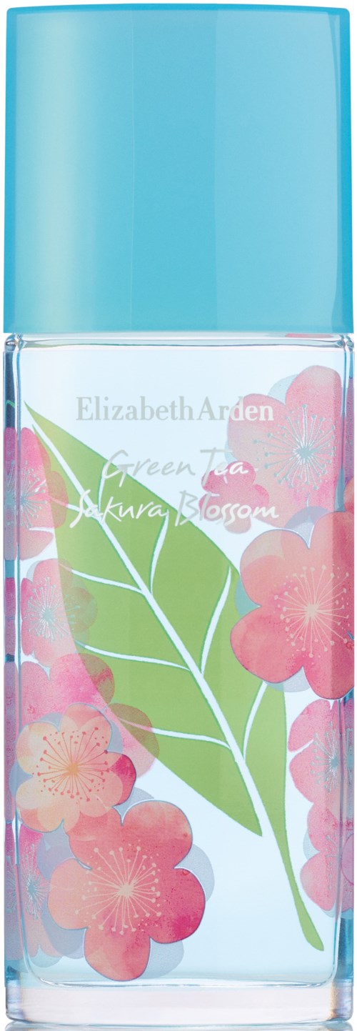 Een fles met blauwe dop en een bloemenontwerp met roze en witte bloemen en groene bladeren.