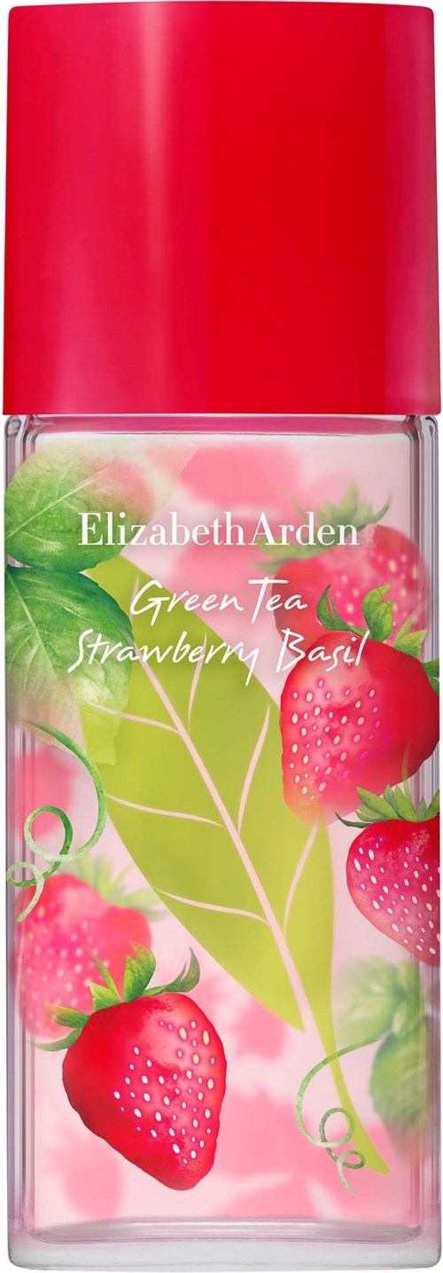 A clear bottle with pink liquid and images of strawberries, green leaves, and a red cap.