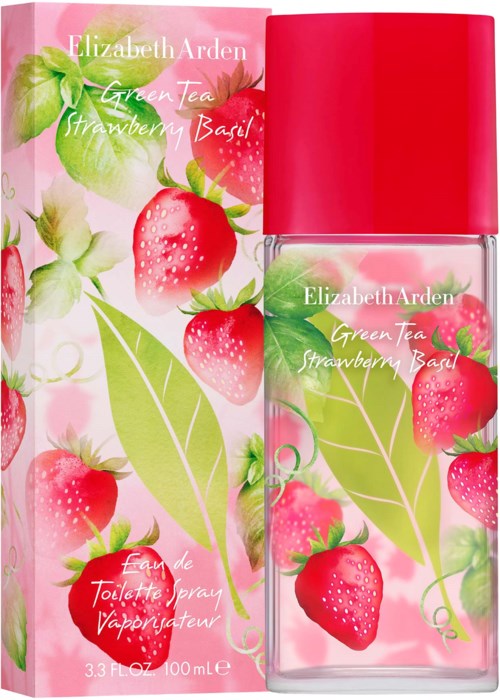 A perfume bottle and box decorated with strawberries and green tea leaves design, labeled Elizabeth Arden Green Tea Strawberry Basil.