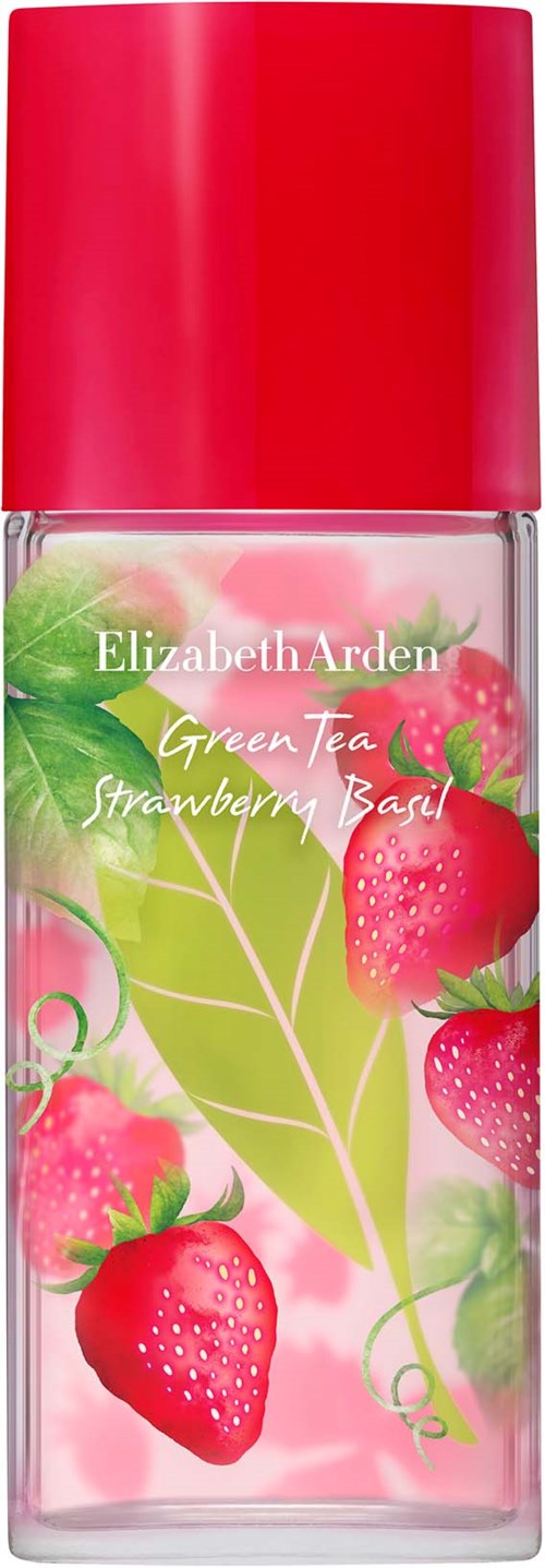 Bottle with green tea, strawberry, and basil flavor, featuring strawberries, green leaves, and a red cap.