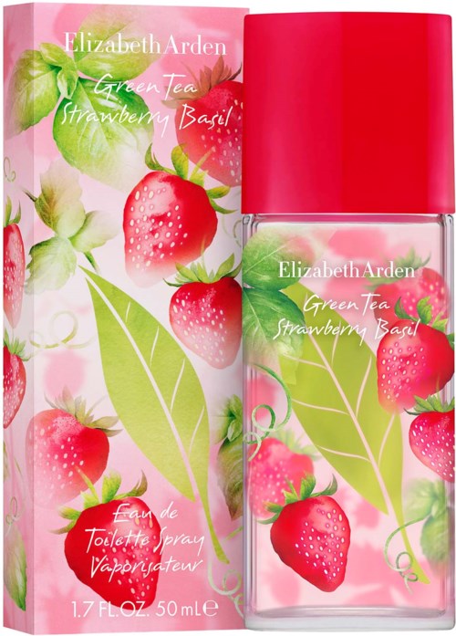 A perfume bottle and box with pink strawberries, green leaves, and a pink cap, showcasing a fresh fruit theme.