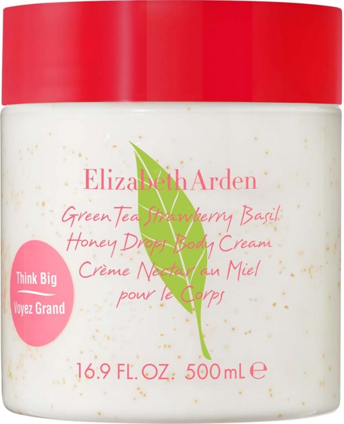 A jar of Elizabeth Arden green tea strawberry basil honey drops body cream with a red lid.