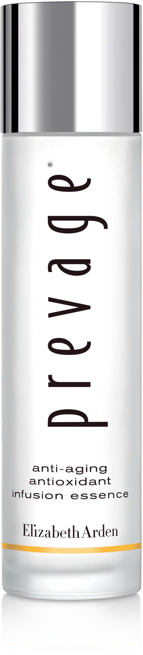 A white bottle with a silver cap, labeled 'Prevege' and 'Elizabeth Arden,' likely a skincare product.