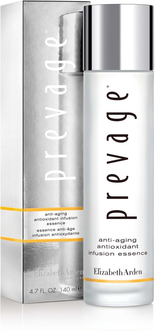 A white bottle labeled 'Prevage' with silver cap, next to a box of the same product, is shown.