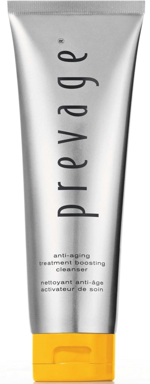 Een zilveren tube met een gele dop, met label 'Prevaige' voor anti-aging behandeling. De tekst is zwart.