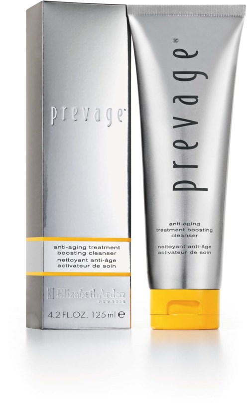Een zilverkleurige tube met gele dop naast een bijpassende zilveren doos, beiden gelabeld Prevage anti-aging behandeling.
