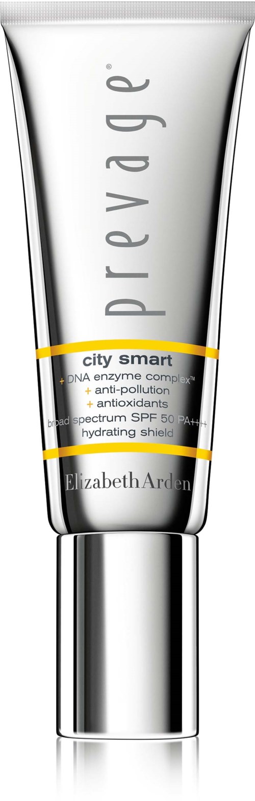 En sølv tube med Elizabeth Arden Prevage hudkrem med svarte og gule etiketter.