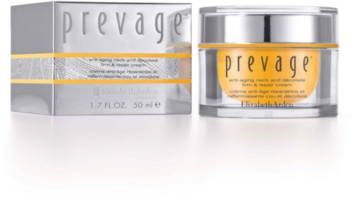 En boks og en krukke av Elizabeth Arden Prevage anti-aldringspleie, sølv og gul design. Krukken er klar med gul krem inni.