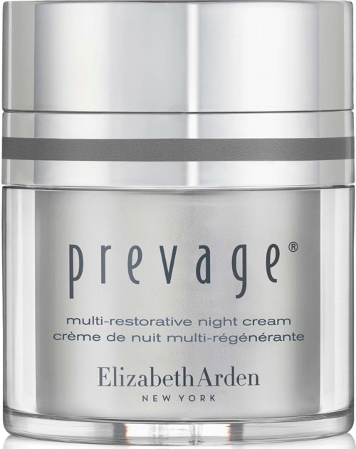 A silver jar of Prevage multi-restorative night cream by Elizabeth Arden.