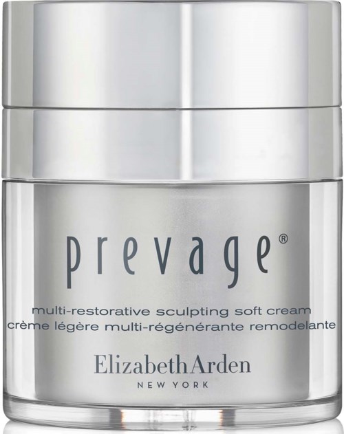 A silver jar of Prevage multi-restorative sculpting soft cream by Elizabeth Arden.