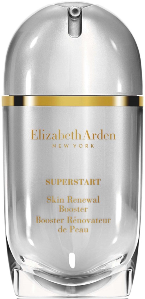 Een zilveren fles met gouden accenten die Elizabeth Arden Superstart Skin Renewal Booster labelt.