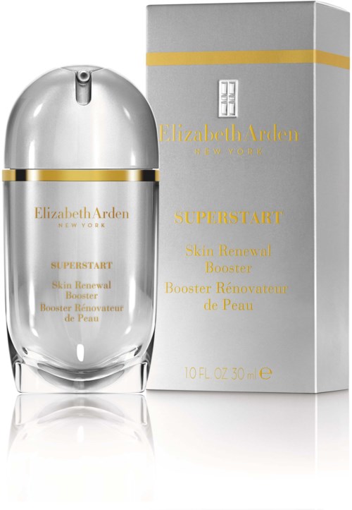Een zilveren fles en doos van Elizabeth Arden-product genaamd Superstart Skin Renewal Booster.