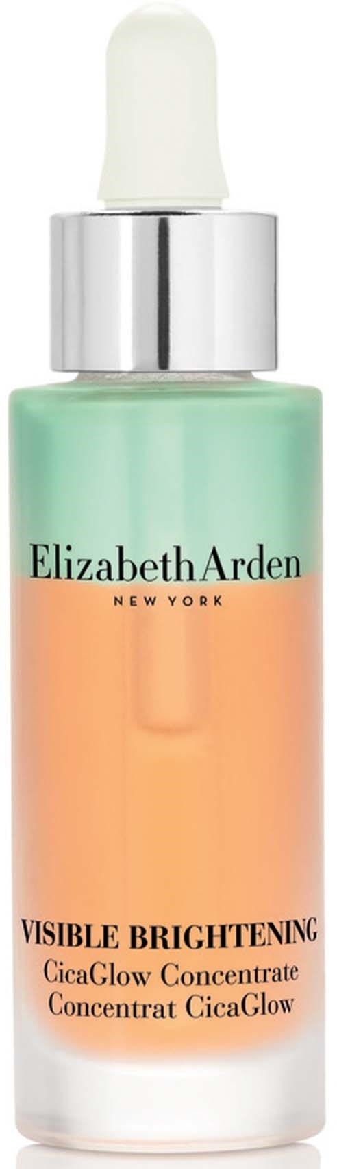En flaske av Elizabeth Arden hudpleieprodukt kalt Visible Brightening CicaGlow Concentrate. Grønn og ferskenfarget med pipette.