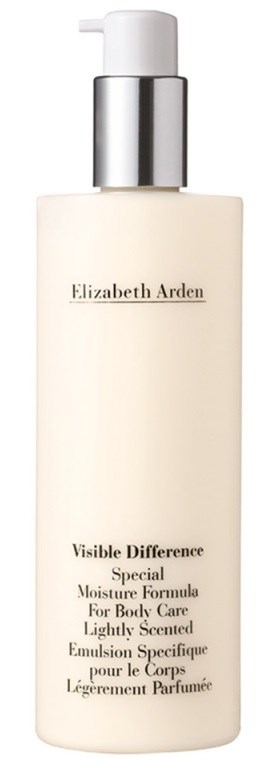 A white lotion bottle with a silver pump, labeled Elizabeth Arden and describing a light, scented, moisturizing body emulsion.
