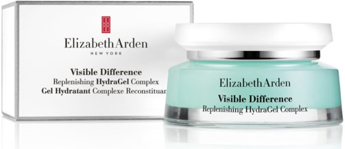 A skincare jar with Elizabeth Arden branding, called Visible Difference HydraGel, along with its box packaging.