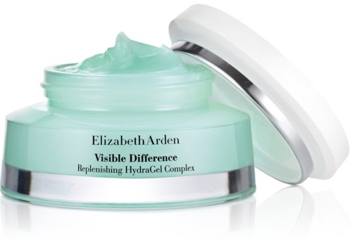 A light green cream in a jar with a white lid, labeled Elizabeth Arden Visible Difference Replenishing HydraGel Complex.