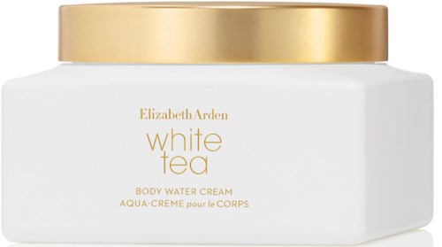 A white jar with a gold lid labeled Elizabeth Arden White Tea body cream.
