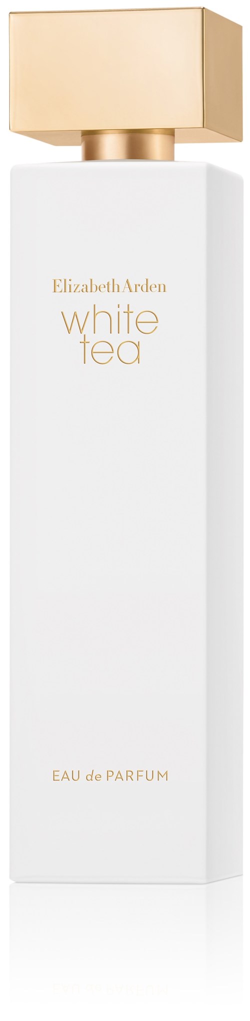 A tall, white perfume bottle with a gold cap and gold text that says 'white tea' and 'Elizabeth Arden.'