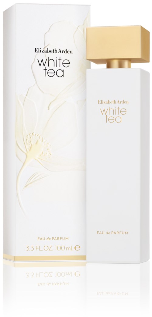 A white perfume bottle with a gold cap, side box with floral design, and label says 'White Tea' by Elizabeth Arden.