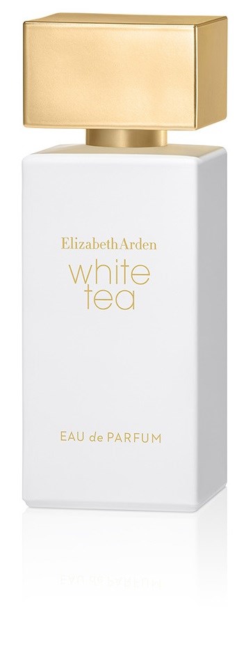 A perfume bottle with a white body and a gold cap labeled Elizabeth Arden White Tea. Elegant and simple design.
