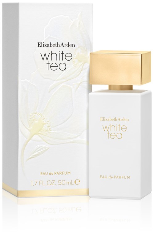 A white perfume bottle with a gold cap and a matching box both labeled 'White Tea' by Elizabeth Arden.