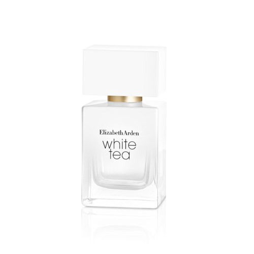 A white perfume bottle labeled "Elizabeth Arden white tea" with a rectangular cap.