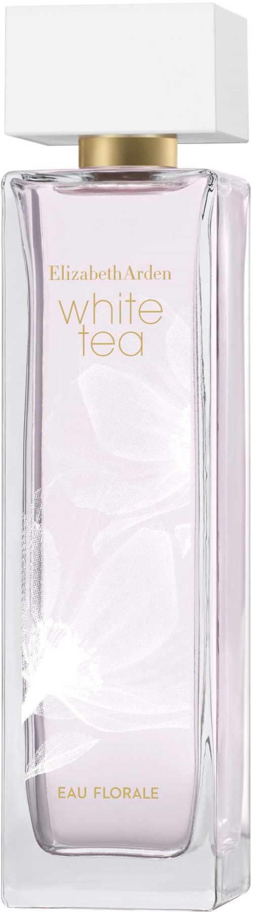 A tall glass perfume bottle with a white cap, labeled Elizabeth Arden White Tea, Eau Florale.