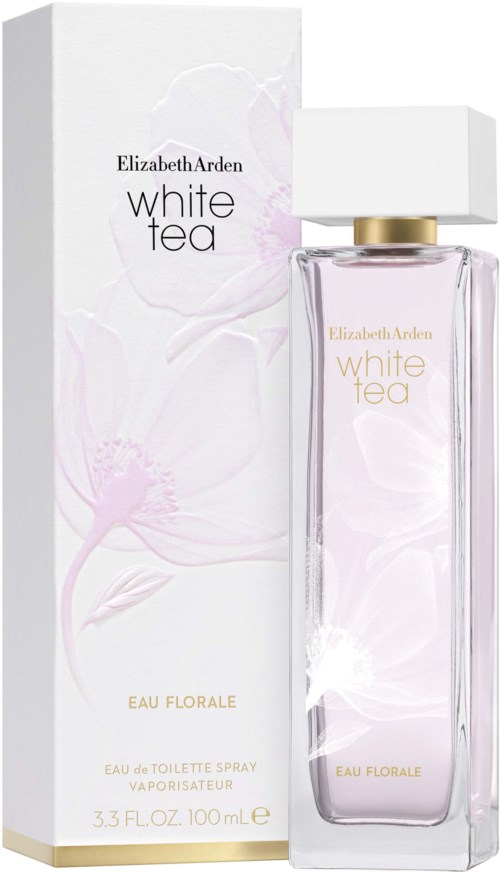 A perfume bottle and box labeled 'Elizabeth Arden White Tea' with soft pink and white floral design.