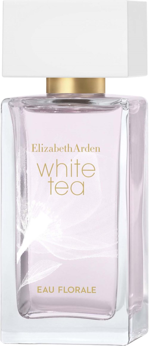 A perfume bottle labeled 'Elizabeth Arden White Tea Eau Florale' with a white cap and light pink liquid inside.