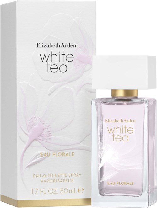 A perfume bottle and box called Elizabeth Arden White Tea, Eau Florale, with pink liquid inside.