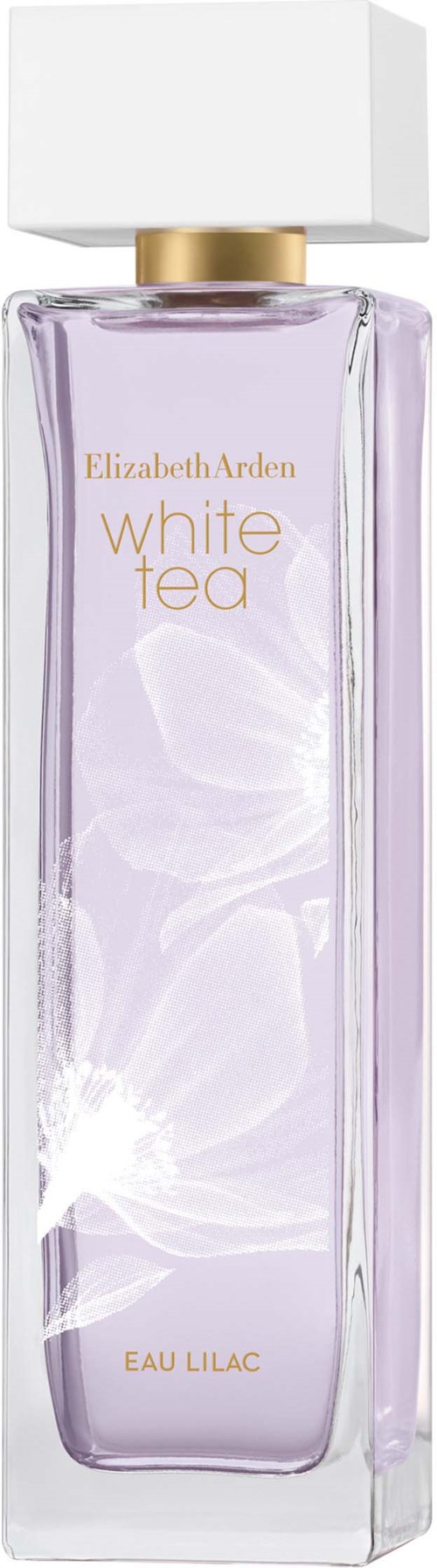Hajuvesipullo merkitty Elizabeth Arden White Tea Eau Lilac, valkoinen korkki ja lavendelin värinen neste sisällä.