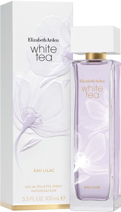 Valkoinen ja lila hajuvesipullo mustalla laatikolla, merkitty 'Elizabeth Arden White Tea Eau Lilac.'