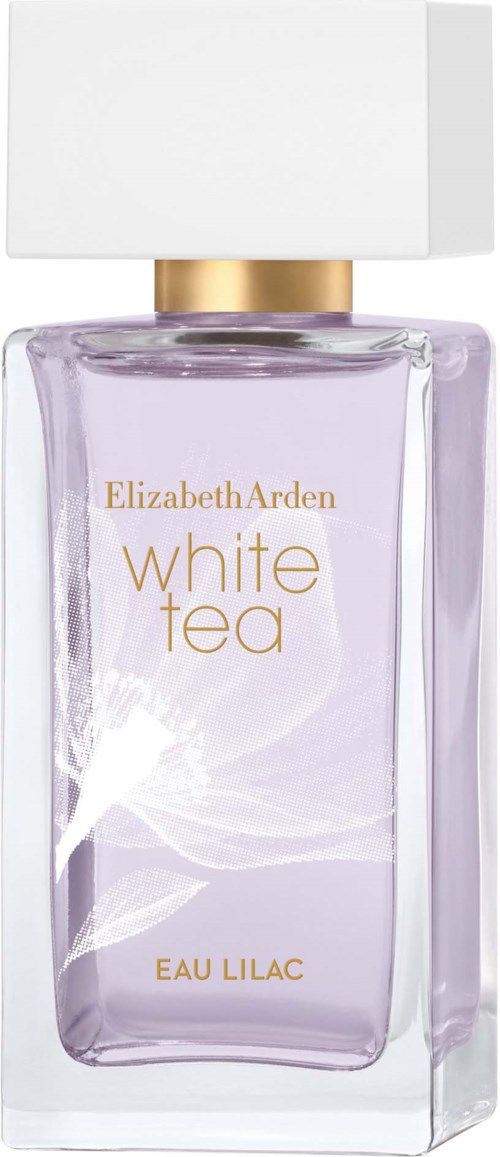 Een parfumfles met Elizabeth Arden White Tea, lavendelgekleurde vloeistof, witte dop en gouden accenten.