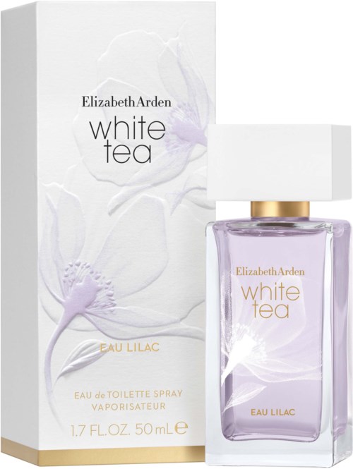 Een parfumfles met 'White Tea' van Elizabeth Arden, met een wit doosje en een lavendelkleurige vloeistof binnen.