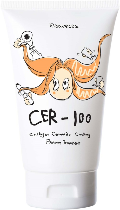 Een witte tube met een schattige tekening van een meisje met oranje haar die verschillende spullen vasthoudt. De tekst zegt "CER-100" en beschrijft collageenbedekking voor de huid.