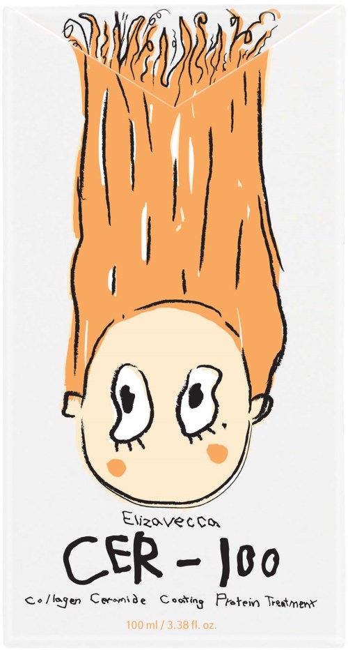 Een tekening van een meisje met grote ogen en oranje haar. Onder tekst over huidverzorgingsproduct CER-100 met collageen en proteïne.