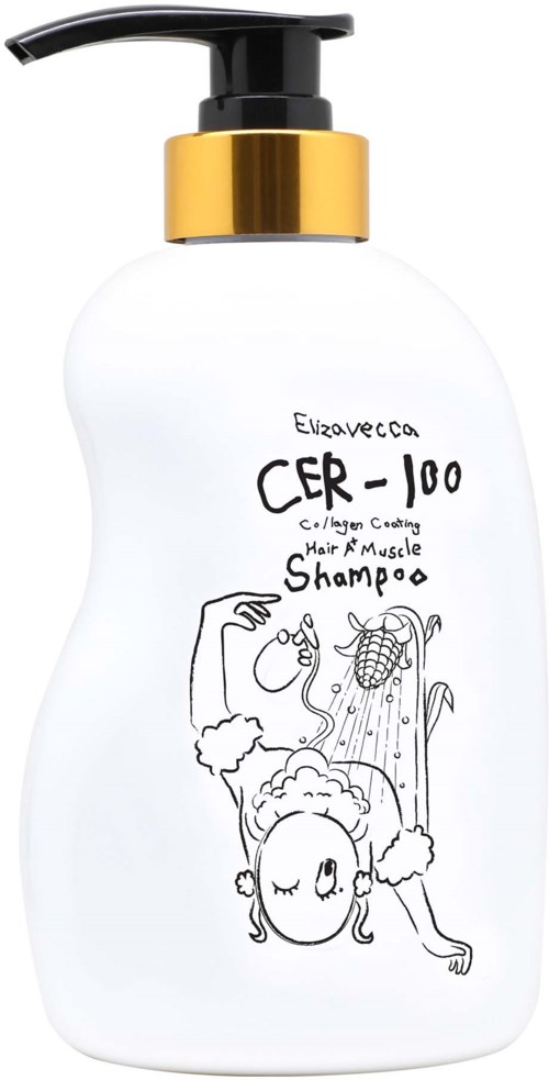 Een witte shampoo fles met een zwarte pomp, gouden band en een eenvoudige lijntekening van een meisje dat haar haar wast.
