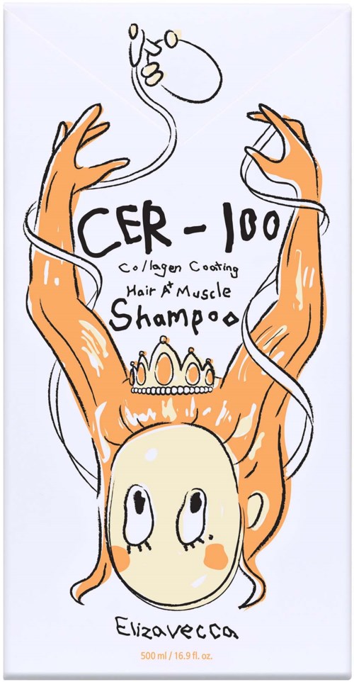 Een getekend meisje met oranje haar en grote ogen, houdt een shampoo fles met "CER-100" en "Elizabetha."