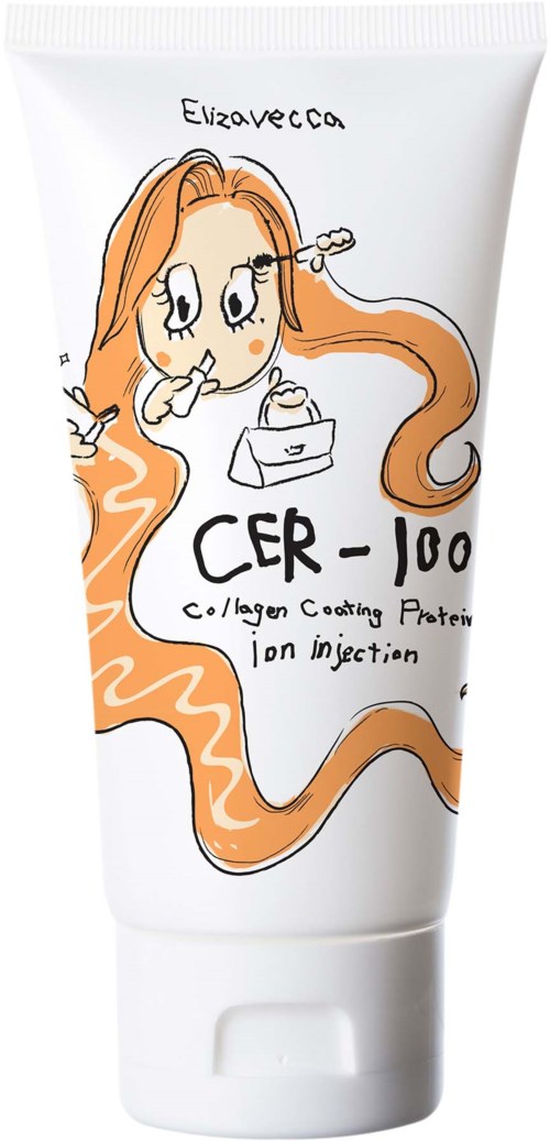 Een cartoonmeisje met lange oranje haren, grote ogen, die lipgloss vasthoudt, op een witte huidverzorgingsbuis genaamd CER-100.