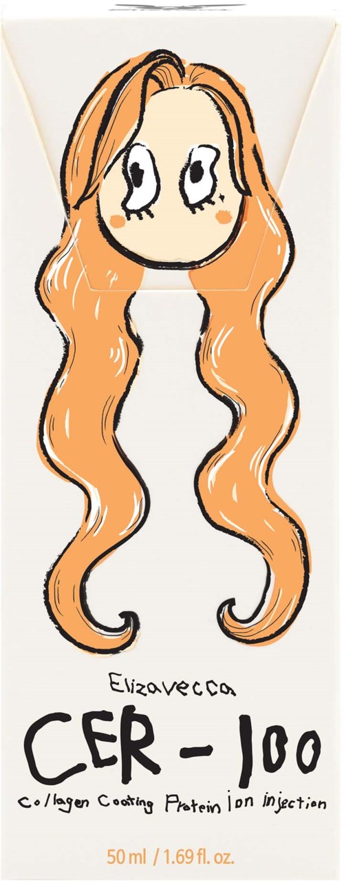 Een schattig getekend meisje met lange, golvende oranje haren en grote ogen. Onder haar staat tekst over een product.