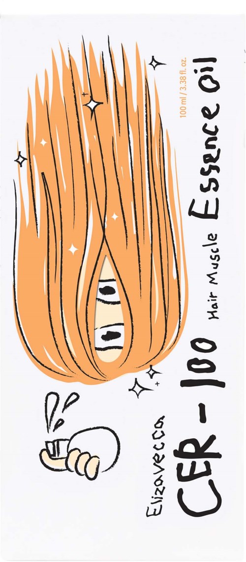 Een illustratie toont een persoon met lang oranje haar, een vredesteken bij het gezicht en tekst over CER-110 haarolie.