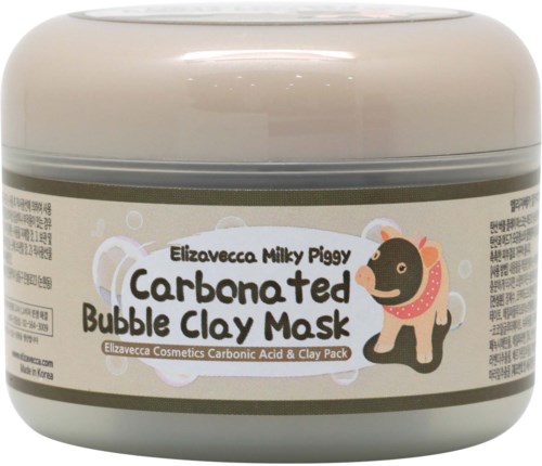 Een witte pot met Elizavecca Milky Piggy Carbonated Bubble Clay Mask en een schattig varkensontwerp.
