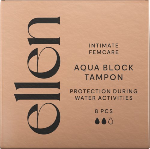 Förpackning av hygieniska tamponger kallade Aqua Block för vattenaktiviteter, innehåller 8 stycken, med skyddssymboler.