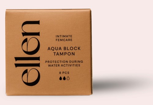En brun låda med svart text, märkt "ellien Aqua Block Tampon" för skydd vid vattenaktivitet, 8 stycken.