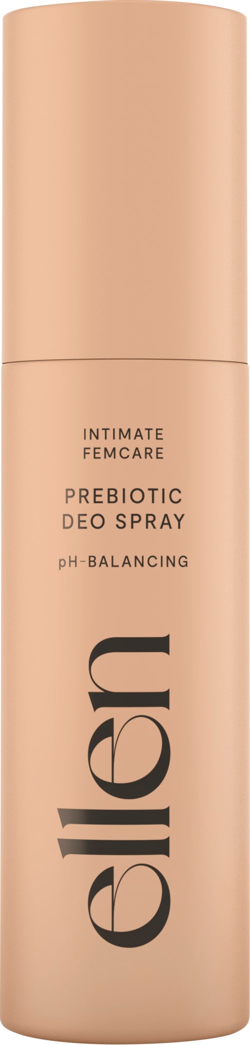 En beige cylindrisk flaska märkt 'elail' med text om intim deodorant spray och pH-balans.