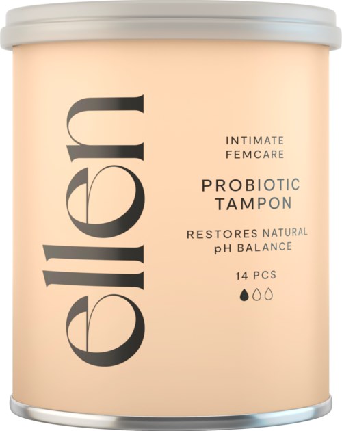 En cylindrisk behållare med probioticamånader med 14 stycken, utformad för att återställa den naturliga pH-balansen.
