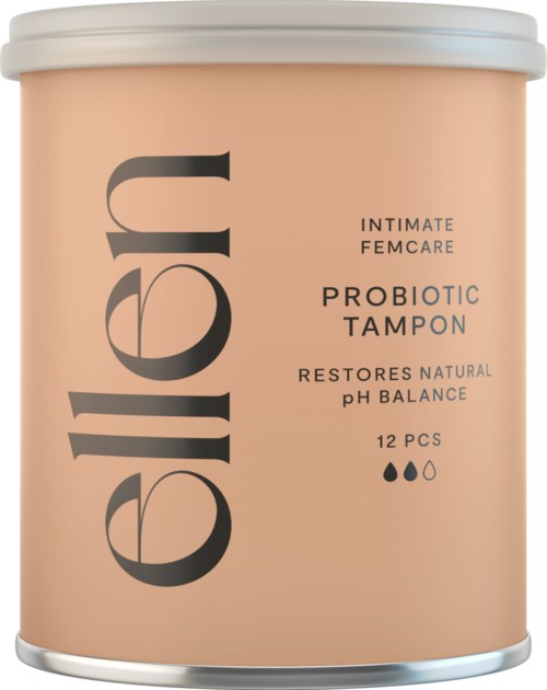 En beige behållare med vit lock visar märket 'ellenn'. Den innehåller 12 probiotiska tamponger för naturlig pH-balans.