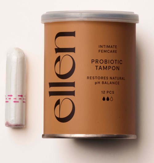 En burk med probiotiska tamponger kallad 'ellien' med 12 stycken, avsedd för intim vård och pH-balans.